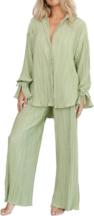 Kissonic Womne's Two Piece Outfits Pleated Long Sleeve Button Down Shirts High Waist Long Pants