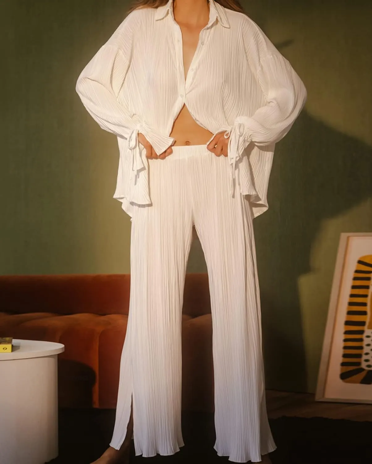 Kissonic Womne's Two Piece Outfits Pleated Long Sleeve Button Down Shirts High Waist Long Pants