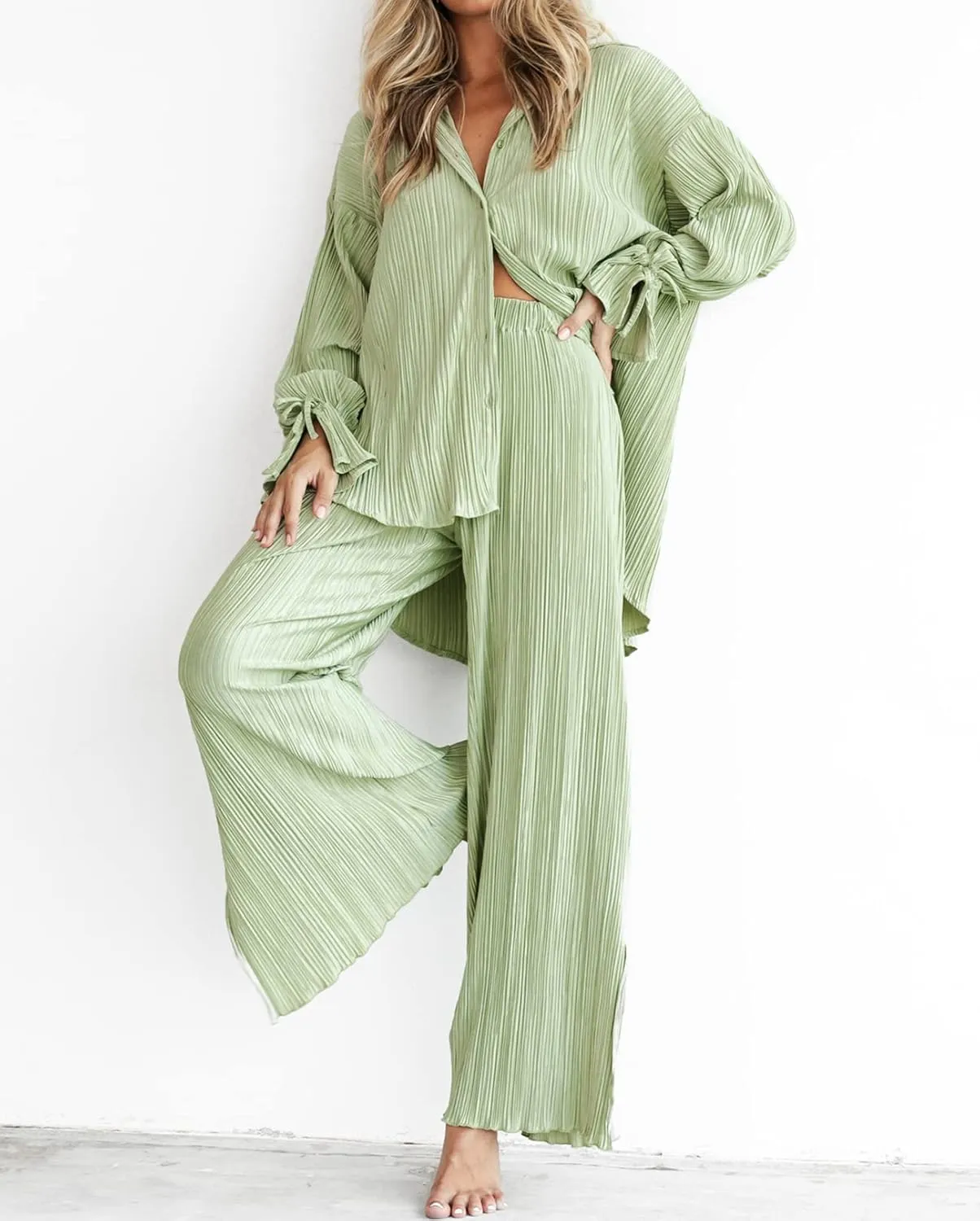 Kissonic Womne's Two Piece Outfits Pleated Long Sleeve Button Down Shirts High Waist Long Pants