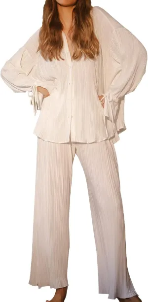 Kissonic Womne's Two Piece Outfits Pleated Long Sleeve Button Down Shirts High Waist Long Pants