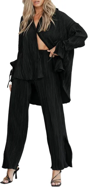 Kissonic Womne's Two Piece Outfits Pleated Long Sleeve Button Down Shirts High Waist Long Pants