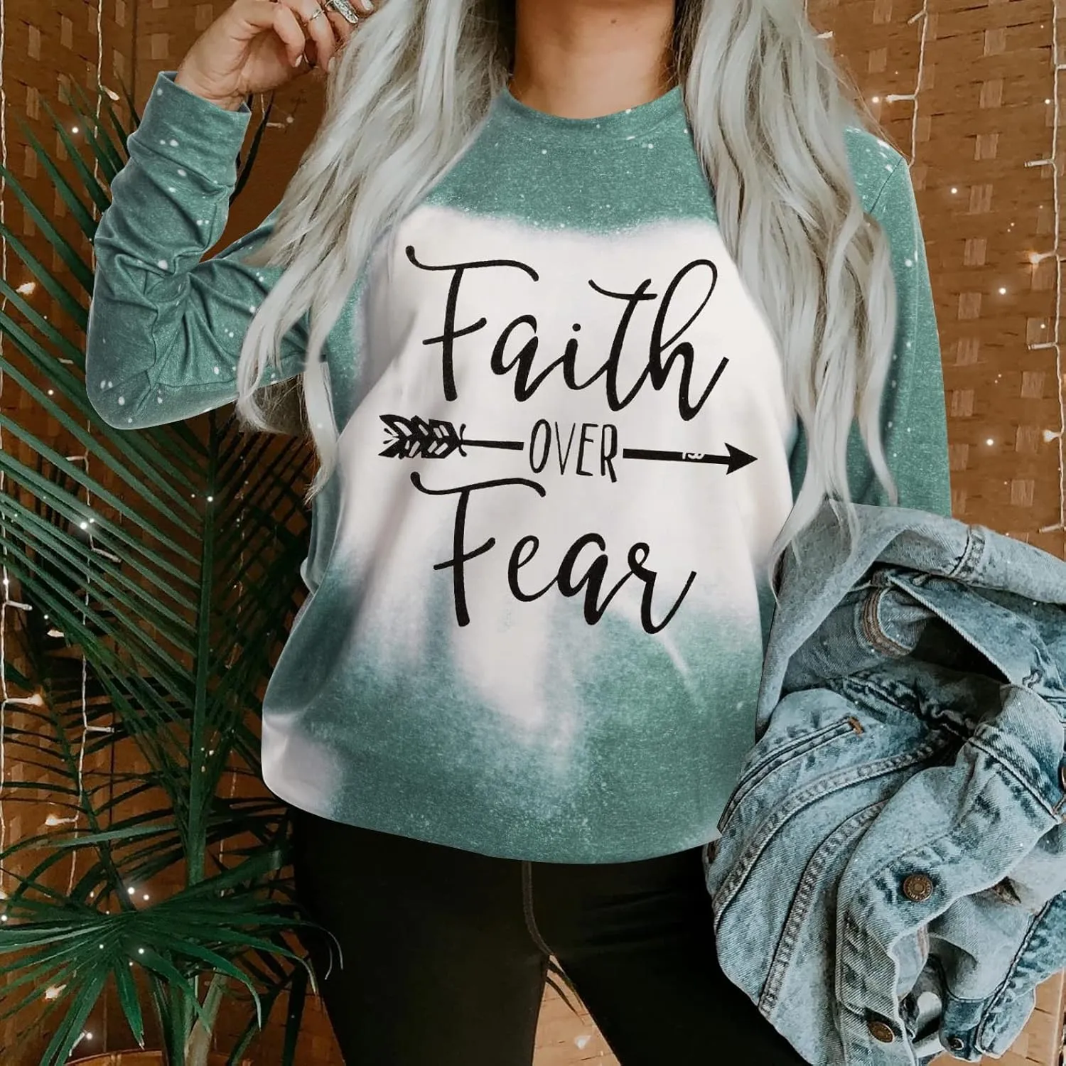KNEYATTA Women Faith Over Fear Pullover Christian Letter Inspirational Sweatshirt Crewneck Long Sleeve Fall tee Shirt