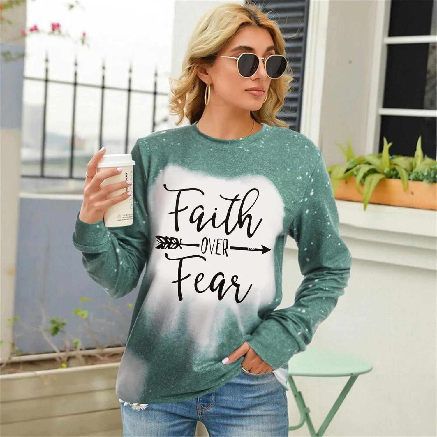 KNEYATTA Women Faith Over Fear Pullover Christian Letter Inspirational Sweatshirt Crewneck Long Sleeve Fall tee Shirt