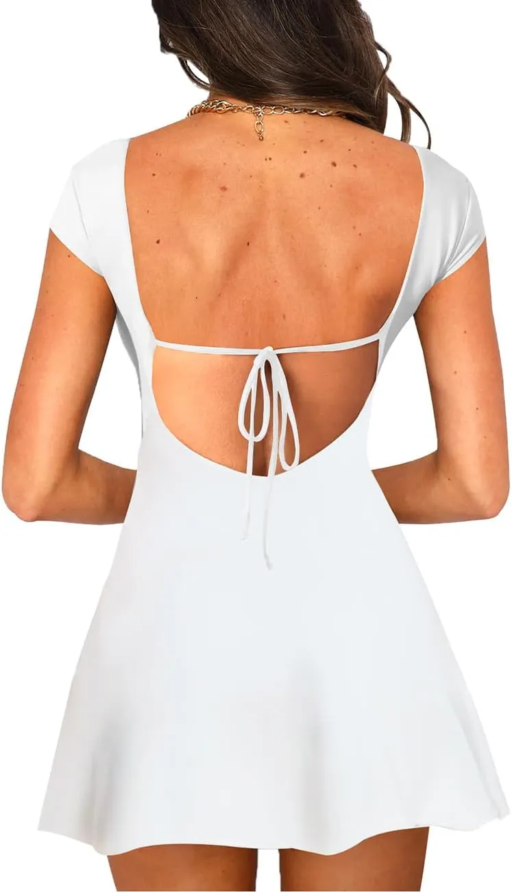 Lancifolium Y2k Square Neck Backless A-line Mini Sun Dresses for Women Summer 2024 Elegant Cocktail Party Sundress