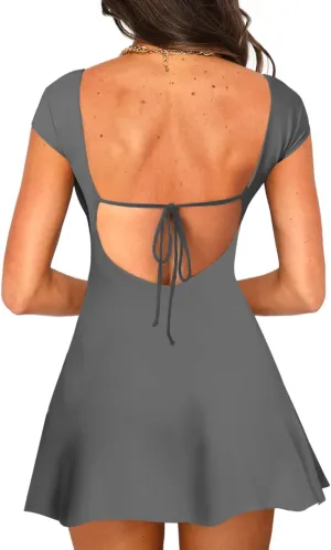 Lancifolium Y2k Square Neck Backless A-line Mini Sun Dresses for Women Summer 2024 Elegant Cocktail Party Sundress