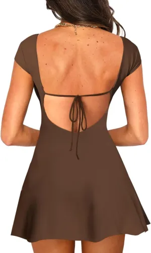 Lancifolium Y2k Square Neck Backless A-line Mini Sun Dresses for Women Summer 2024 Elegant Cocktail Party Sundress