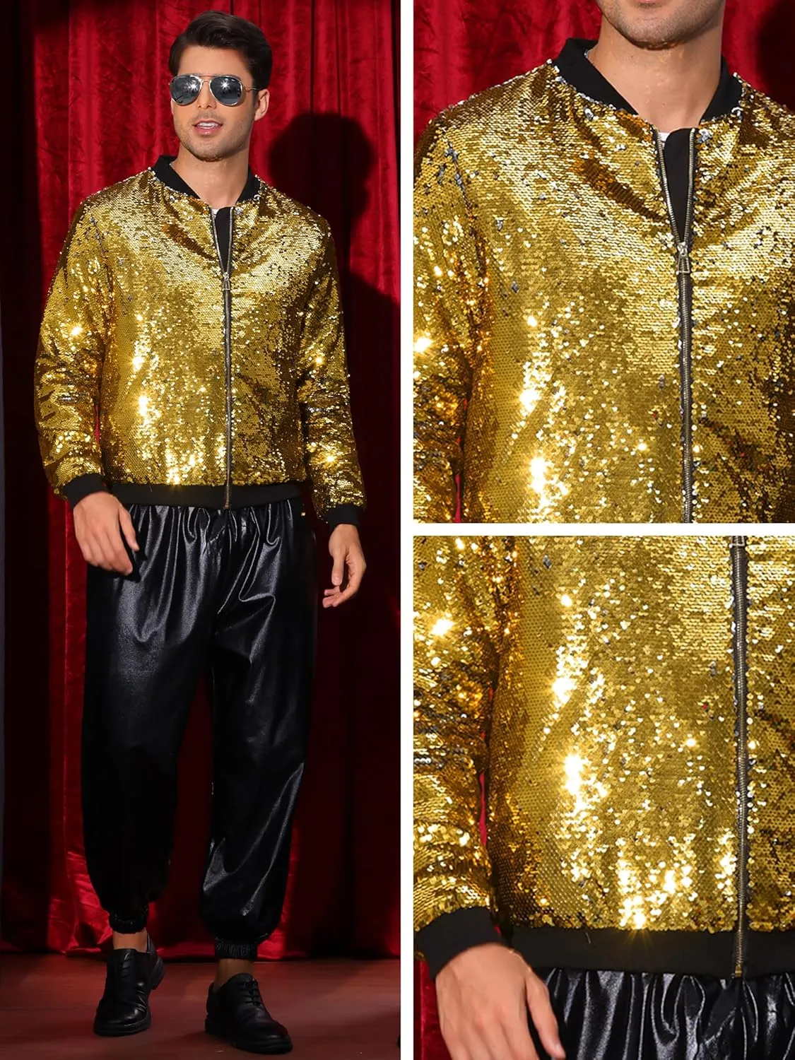 Lars Amadeus Sequin Varsity Jacket for Men's Zipper Party Disco Flip-Sequin Shiny Bomber Jackets