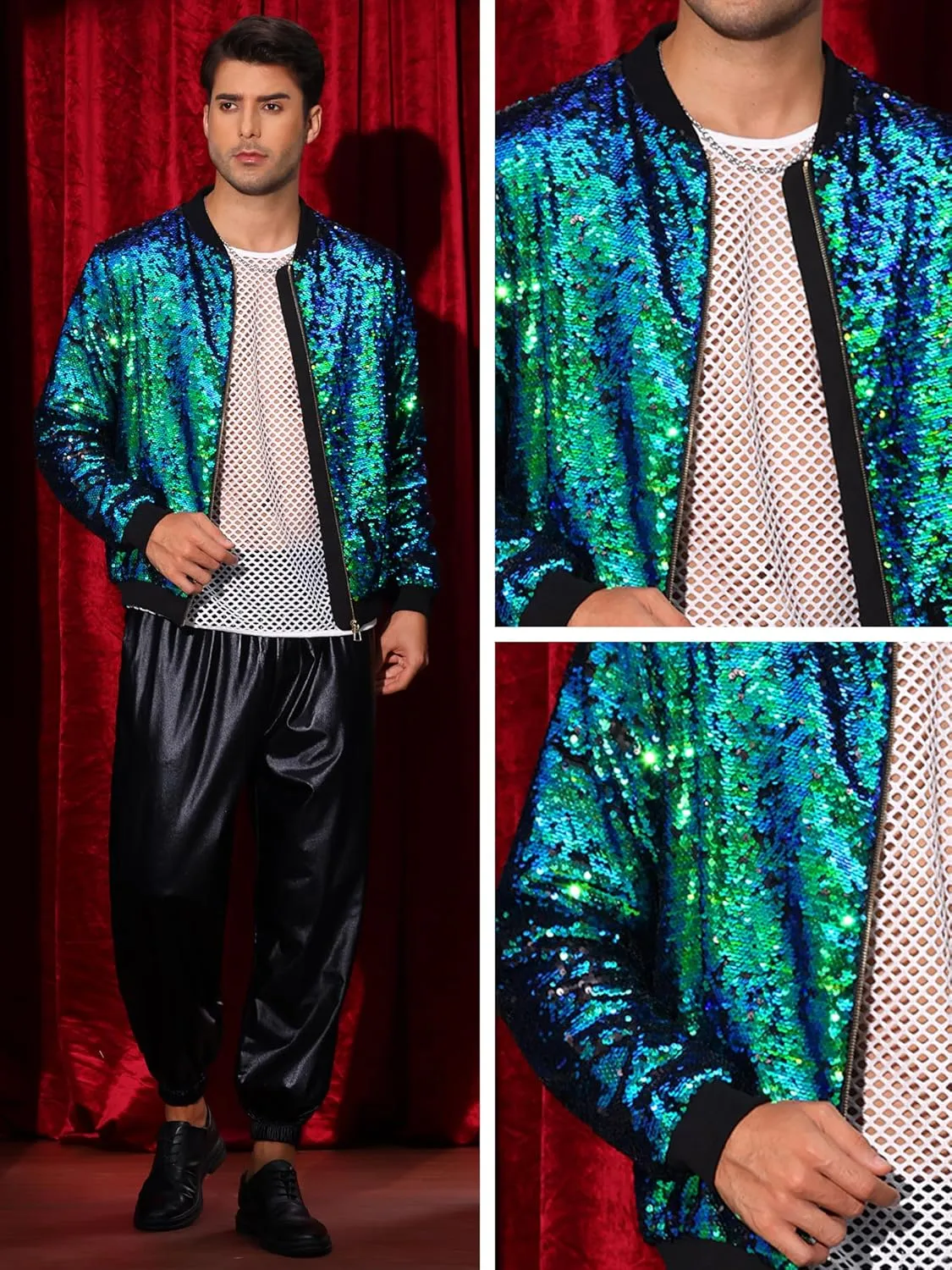 Lars Amadeus Sequin Varsity Jacket for Men's Zipper Party Disco Flip-Sequin Shiny Bomber Jackets