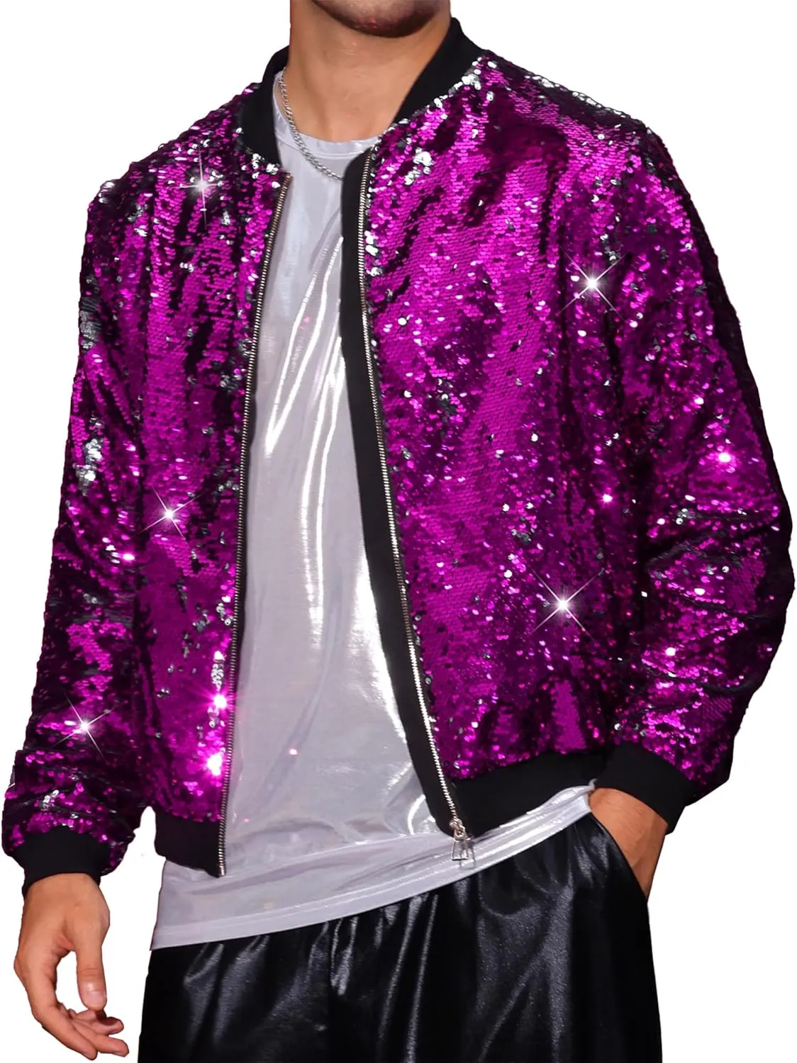 Lars Amadeus Sequin Varsity Jacket for Men's Zipper Party Disco Flip-Sequin Shiny Bomber Jackets