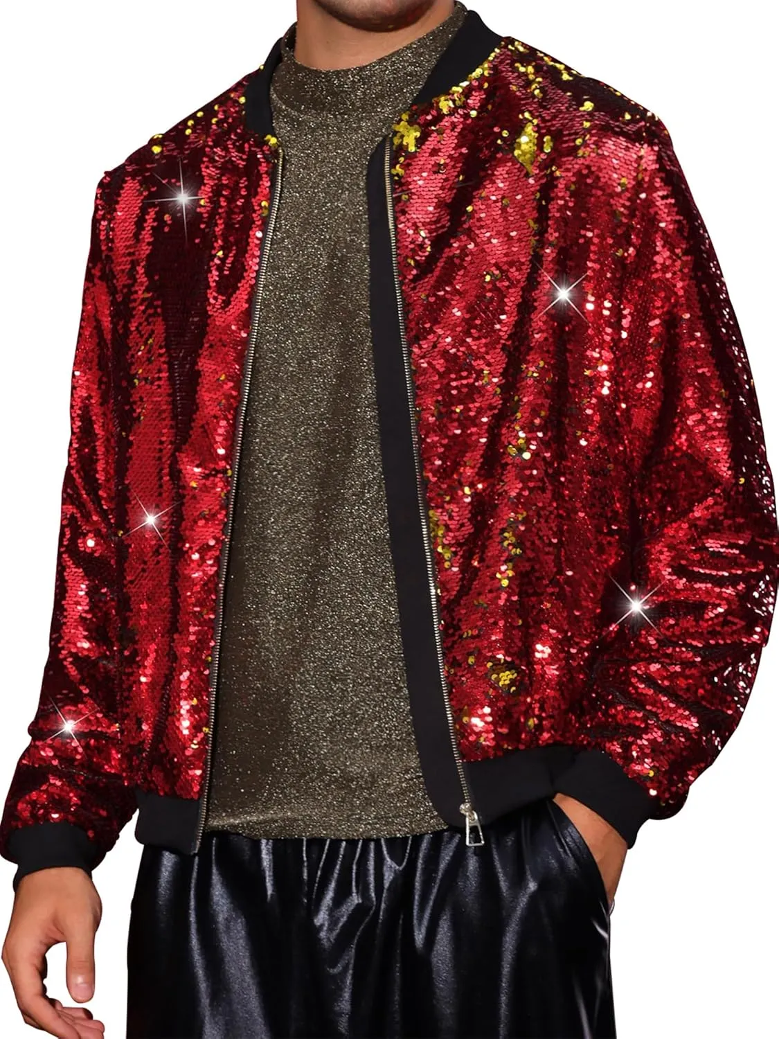 Lars Amadeus Sequin Varsity Jacket for Men's Zipper Party Disco Flip-Sequin Shiny Bomber Jackets