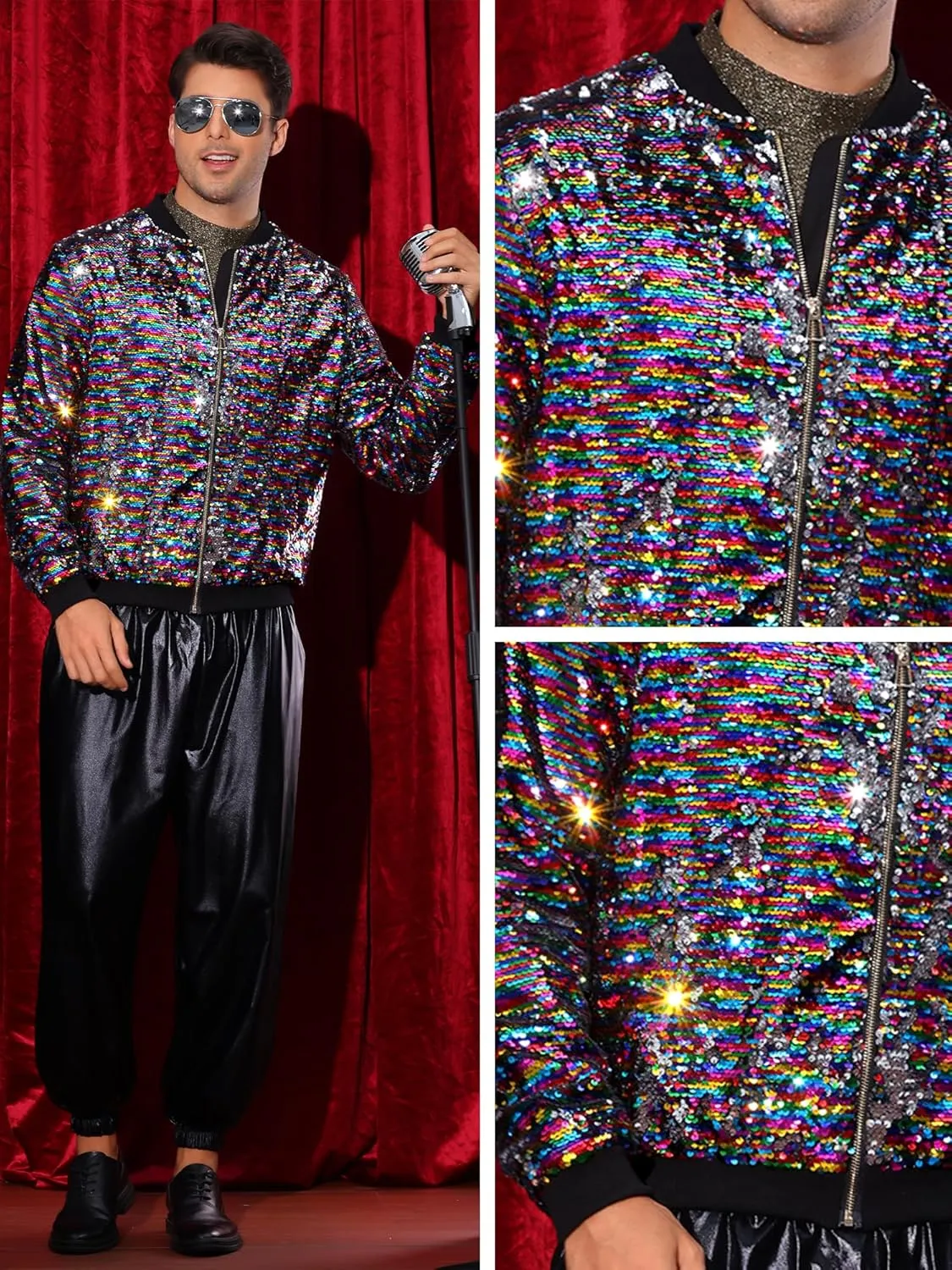 Lars Amadeus Sequin Varsity Jacket for Men's Zipper Party Disco Flip-Sequin Shiny Bomber Jackets