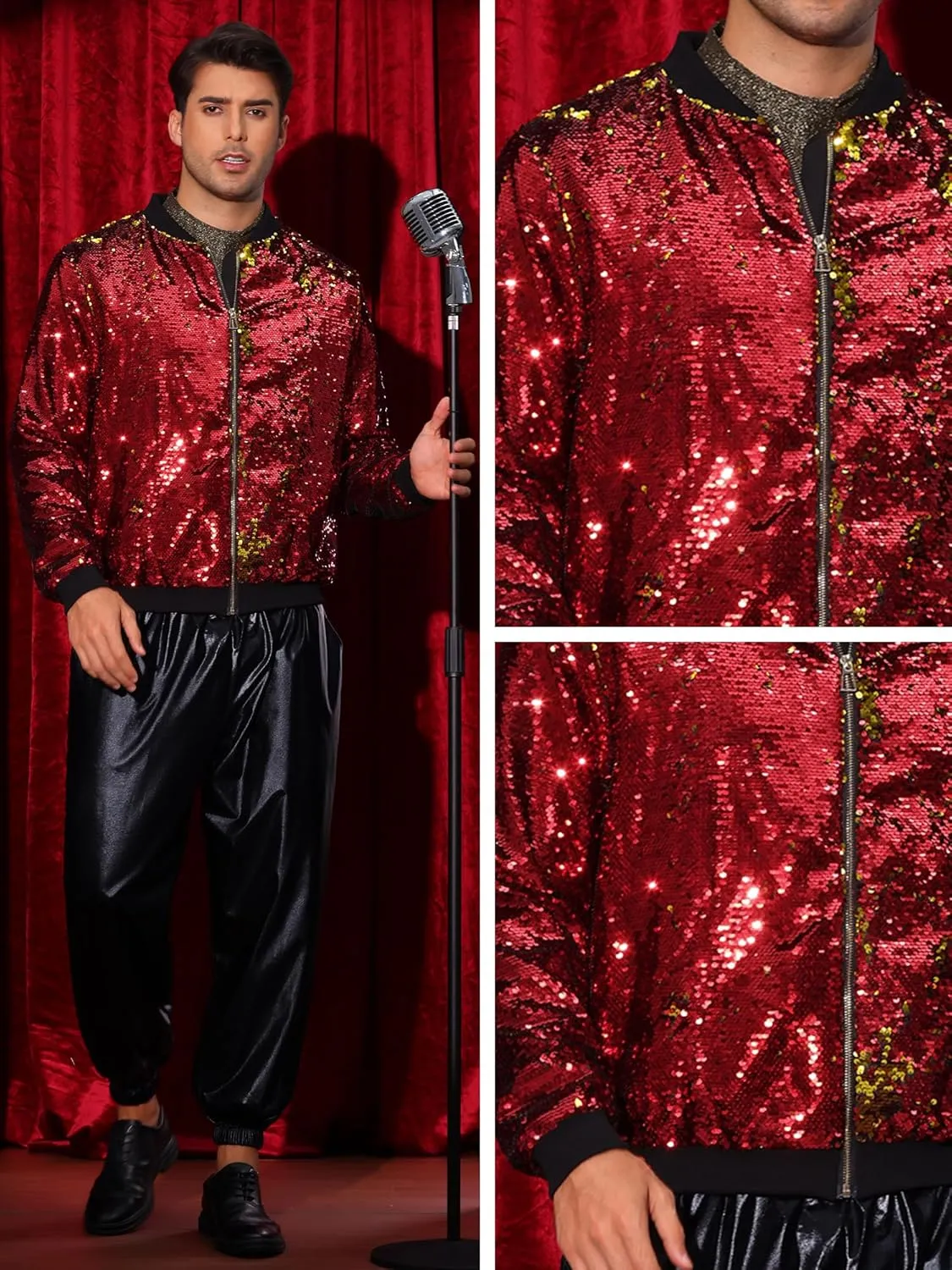 Lars Amadeus Sequin Varsity Jacket for Men's Zipper Party Disco Flip-Sequin Shiny Bomber Jackets