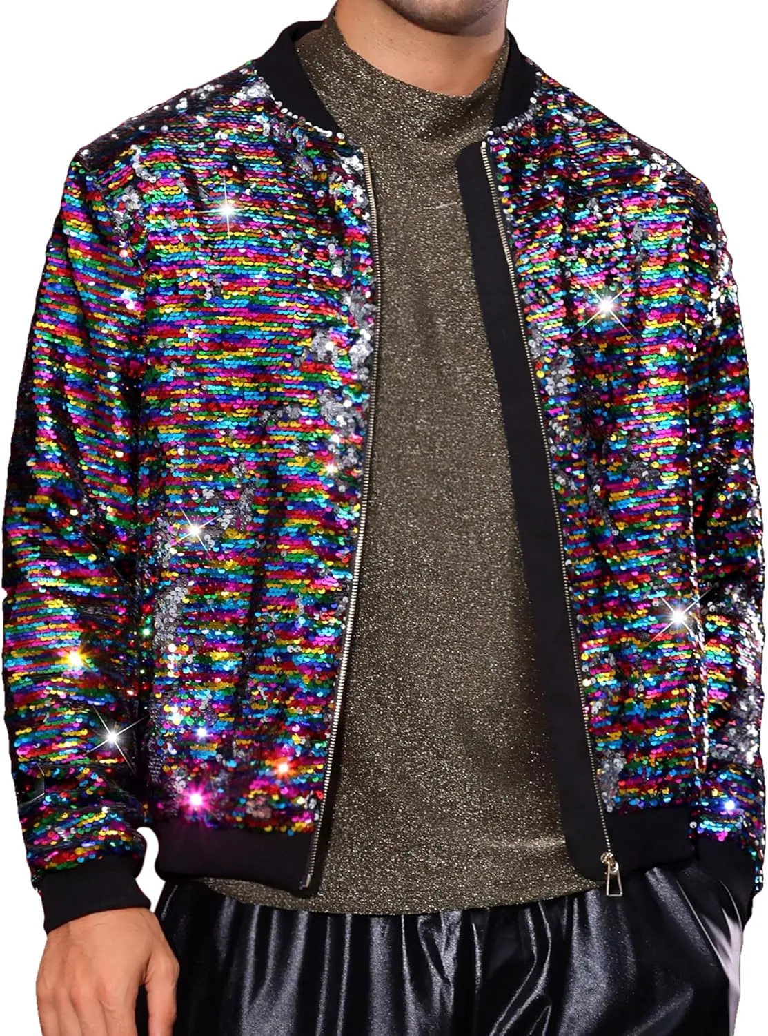 Lars Amadeus Sequin Varsity Jacket for Men's Zipper Party Disco Flip-Sequin Shiny Bomber Jackets