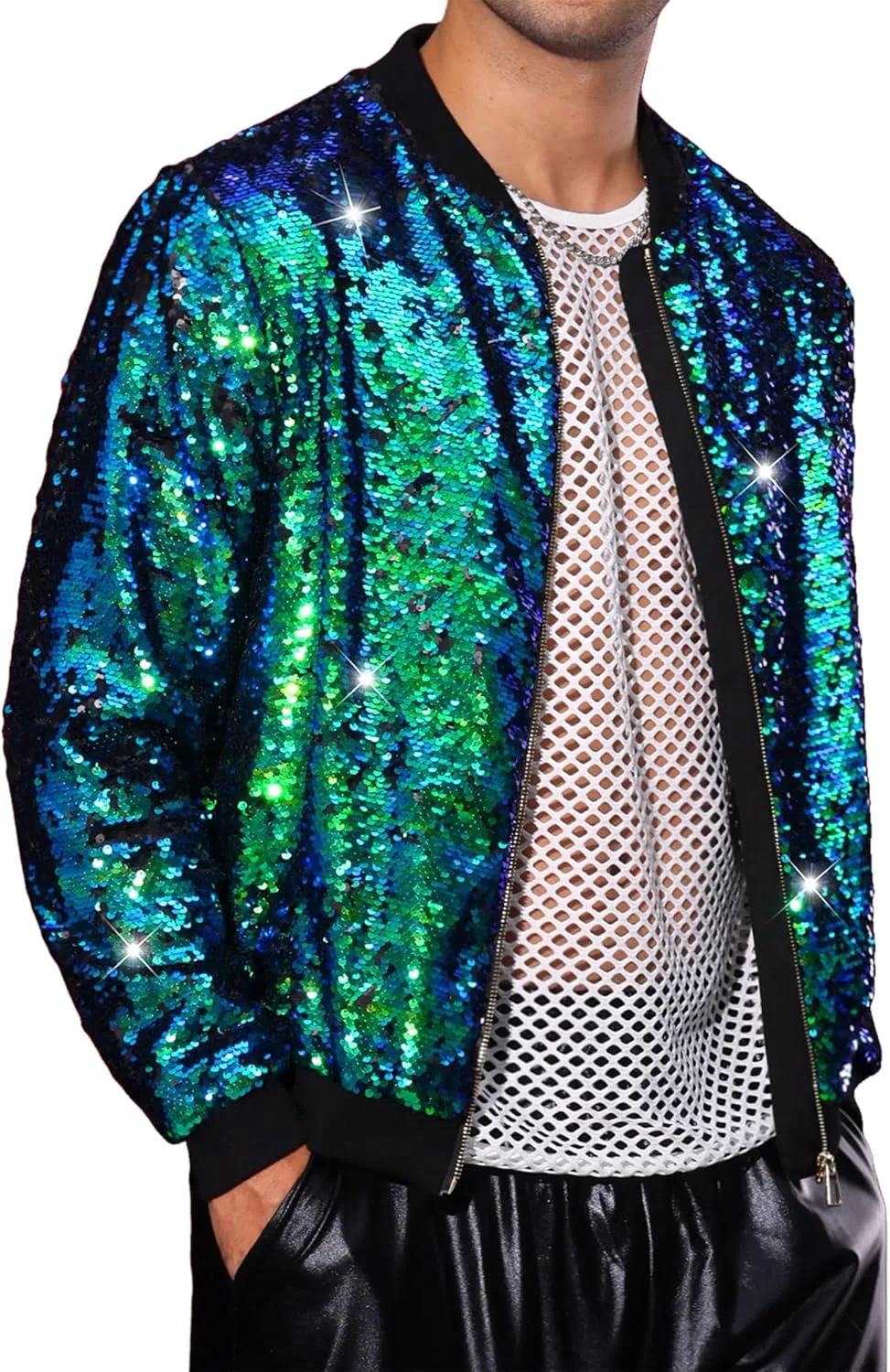 Lars Amadeus Sequin Varsity Jacket for Men's Zipper Party Disco Flip-Sequin Shiny Bomber Jackets