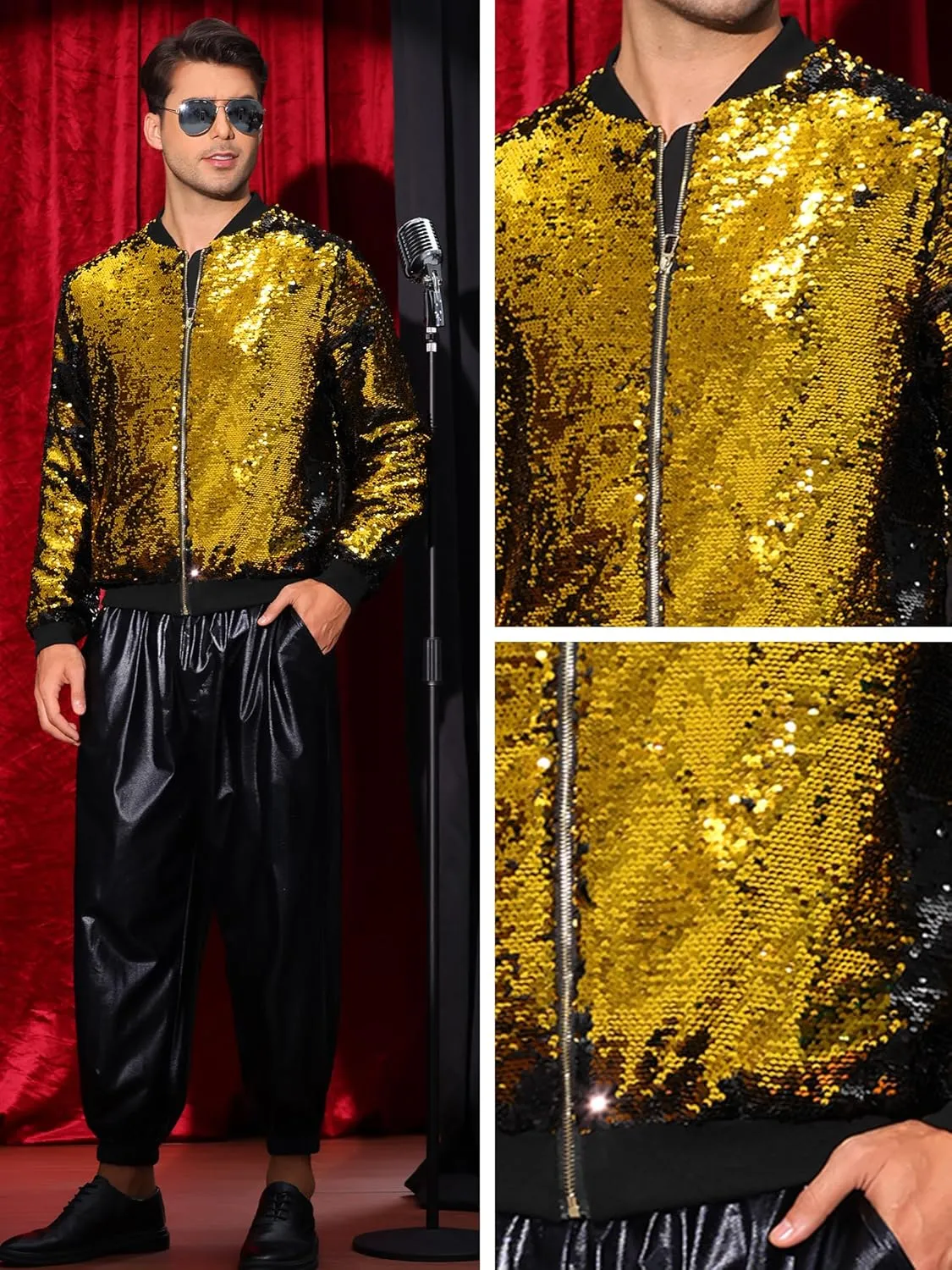 Lars Amadeus Sequin Varsity Jacket for Men's Zipper Party Disco Flip-Sequin Shiny Bomber Jackets