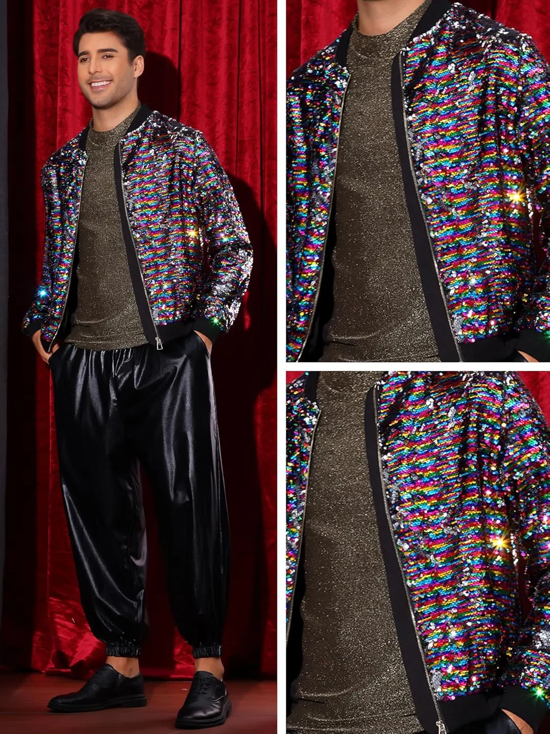 Lars Amadeus Sequin Varsity Jacket for Men's Zipper Party Disco Flip-Sequin Shiny Bomber Jackets