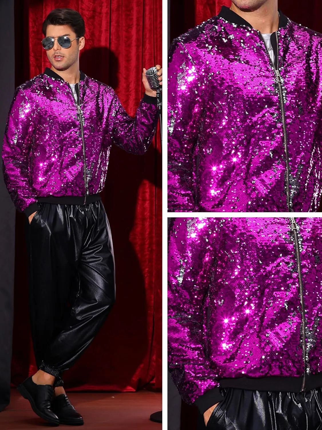 Lars Amadeus Sequin Varsity Jacket for Men's Zipper Party Disco Flip-Sequin Shiny Bomber Jackets