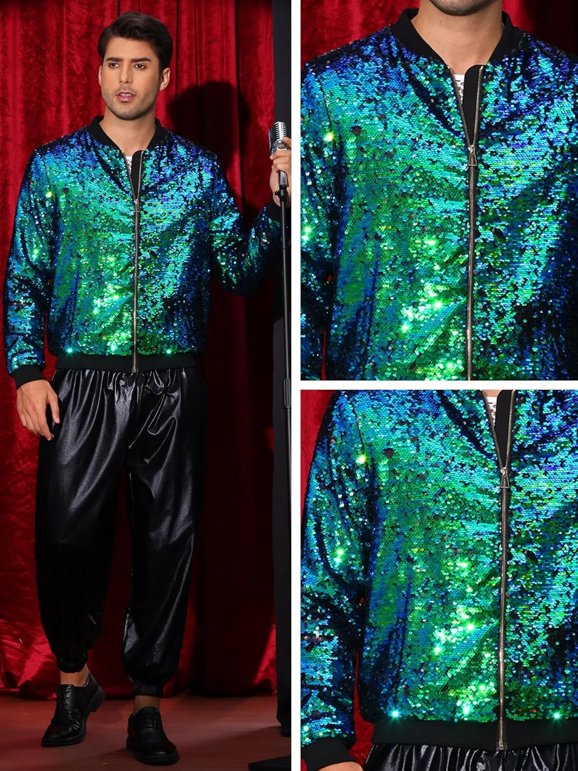 Lars Amadeus Sequin Varsity Jacket for Men's Zipper Party Disco Flip-Sequin Shiny Bomber Jackets