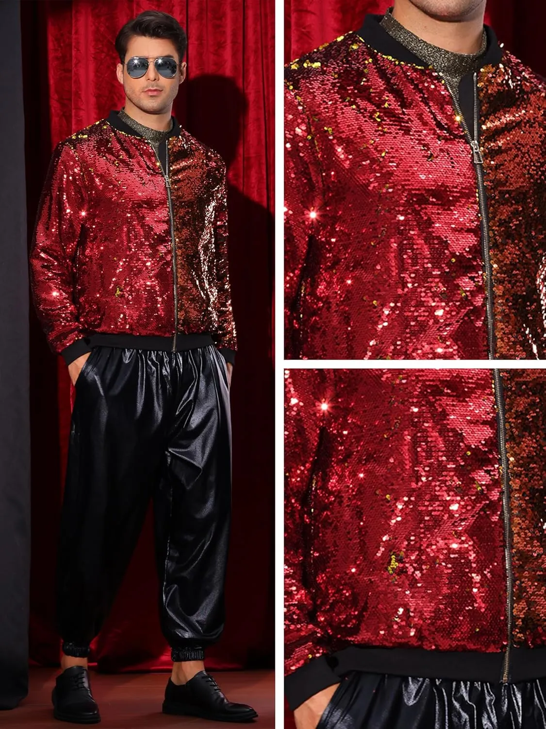 Lars Amadeus Sequin Varsity Jacket for Men's Zipper Party Disco Flip-Sequin Shiny Bomber Jackets