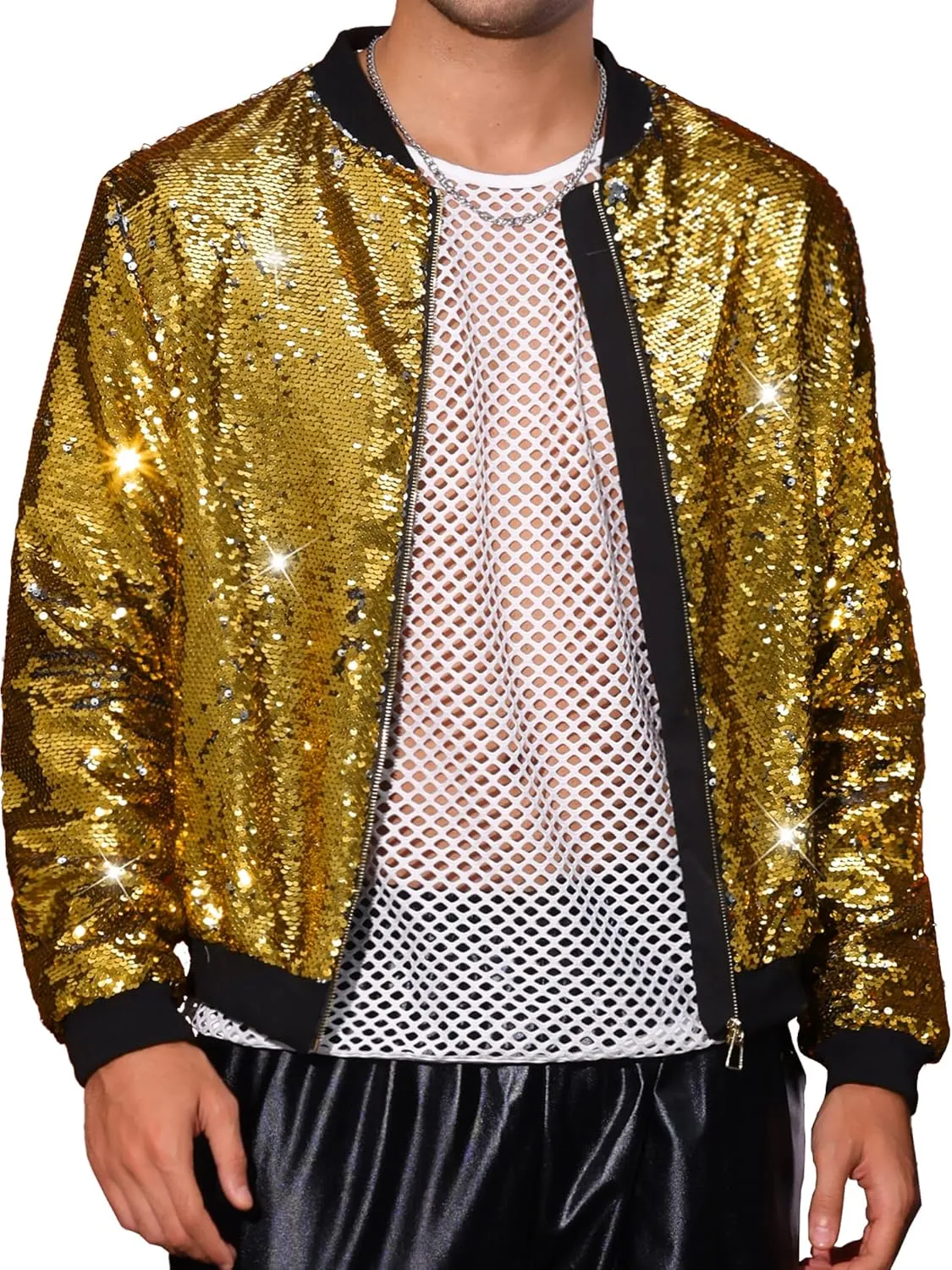 Lars Amadeus Sequin Varsity Jacket for Men's Zipper Party Disco Flip-Sequin Shiny Bomber Jackets