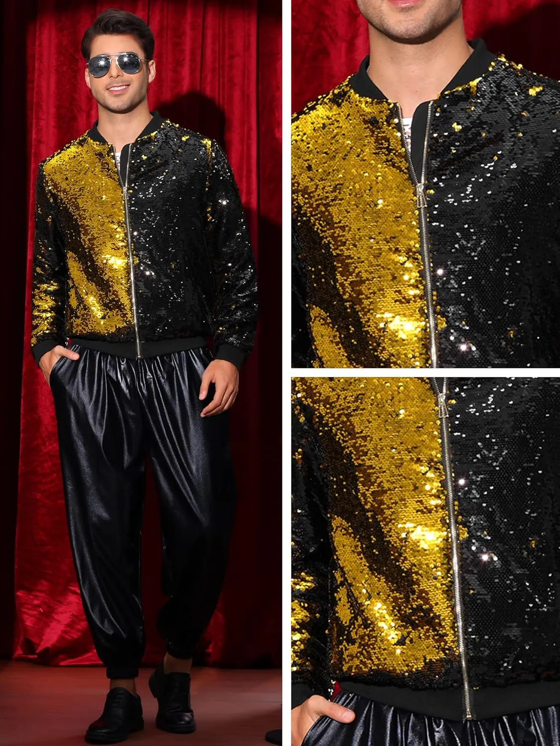 Lars Amadeus Sequin Varsity Jacket for Men's Zipper Party Disco Flip-Sequin Shiny Bomber Jackets