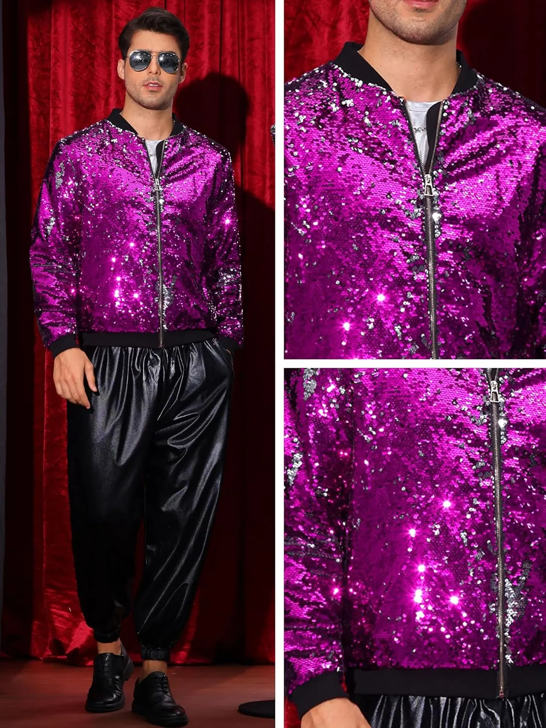 Lars Amadeus Sequin Varsity Jacket for Men's Zipper Party Disco Flip-Sequin Shiny Bomber Jackets