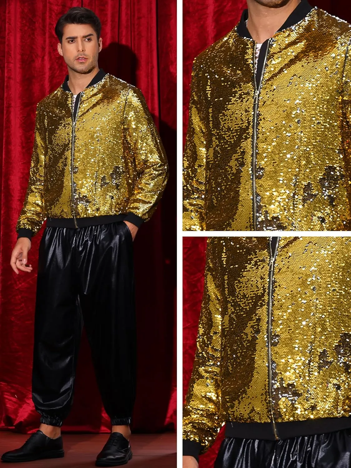 Lars Amadeus Sequin Varsity Jacket for Men's Zipper Party Disco Flip-Sequin Shiny Bomber Jackets
