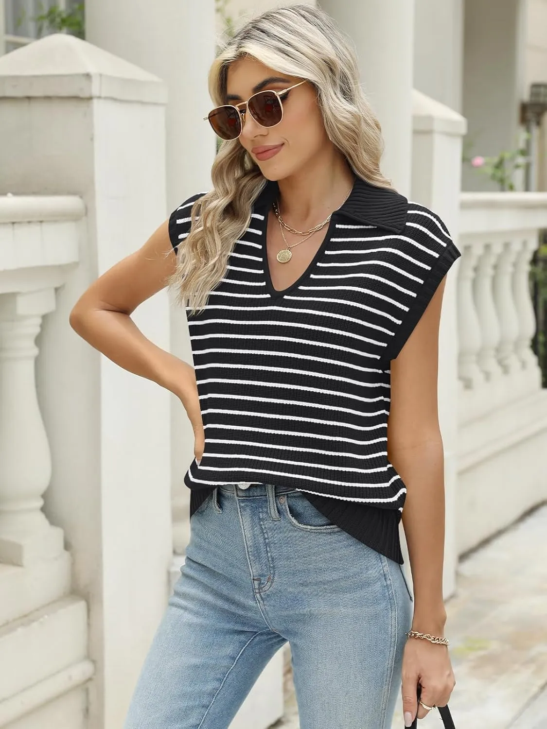 LILLUSORY Women's V Neck Cap Sleeve Sweater Vest Sleeveless Collared Striped Knit Tank Tops 2025 Casual Trendy Outfits