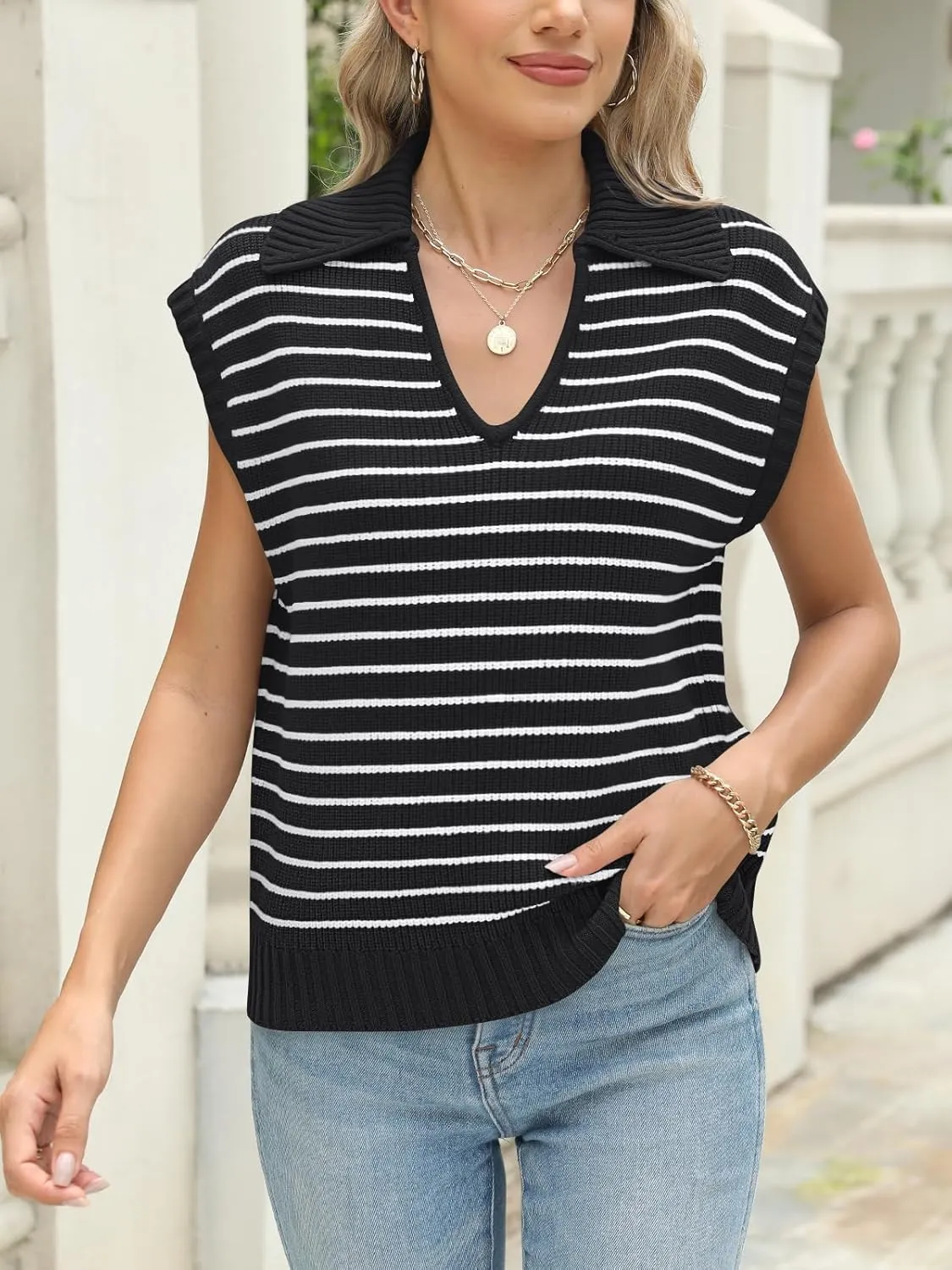 LILLUSORY Women's V Neck Cap Sleeve Sweater Vest Sleeveless Collared Striped Knit Tank Tops 2025 Casual Trendy Outfits