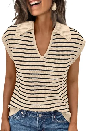 LILLUSORY Women's V Neck Cap Sleeve Sweater Vest Sleeveless Collared Striped Knit Tank Tops 2025 Casual Trendy Outfits