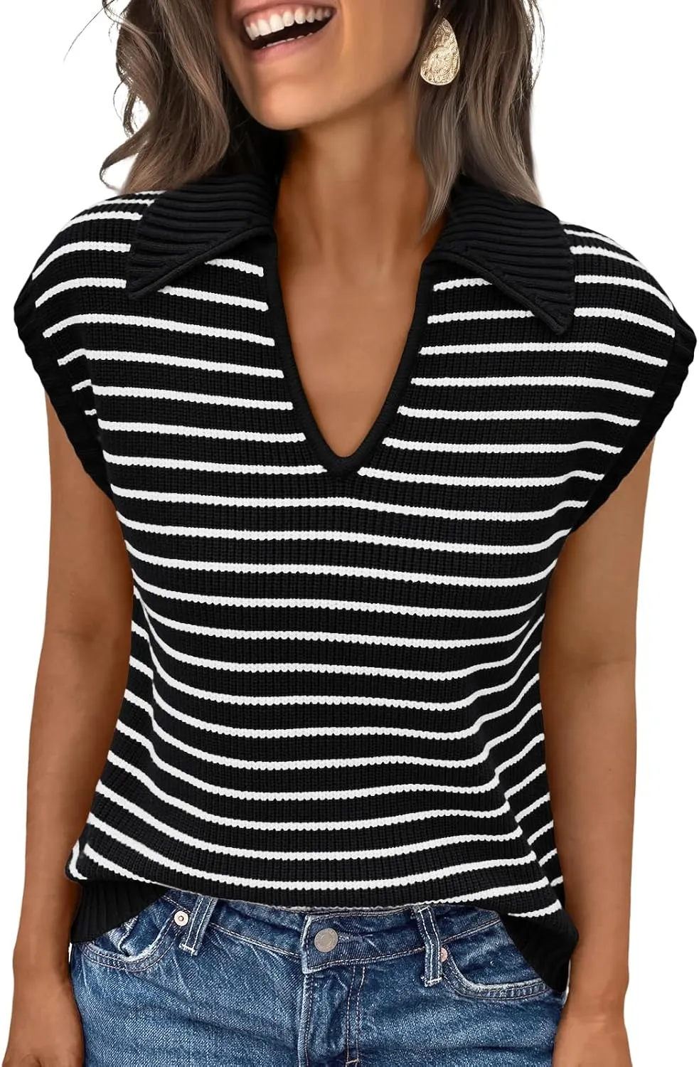 LILLUSORY Women's V Neck Cap Sleeve Sweater Vest Sleeveless Collared Striped Knit Tank Tops 2025 Casual Trendy Outfits