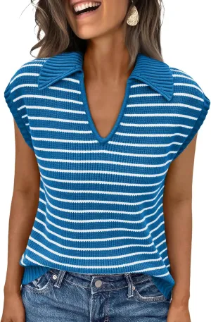 LILLUSORY Women's V Neck Cap Sleeve Sweater Vest Sleeveless Collared Striped Knit Tank Tops 2025 Casual Trendy Outfits