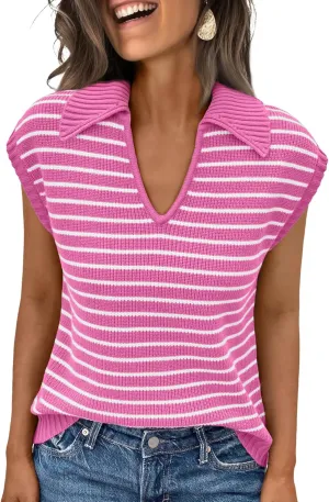 LILLUSORY Women's V Neck Cap Sleeve Sweater Vest Sleeveless Collared Striped Knit Tank Tops 2025 Casual Trendy Outfits