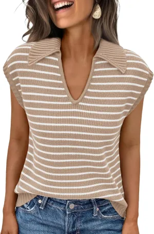 LILLUSORY Women's V Neck Cap Sleeve Sweater Vest Sleeveless Collared Striped Knit Tank Tops 2025 Casual Trendy Outfits