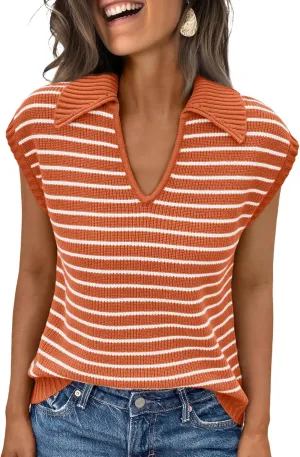 LILLUSORY Women's V Neck Cap Sleeve Sweater Vest Sleeveless Collared Striped Knit Tank Tops 2025 Casual Trendy Outfits