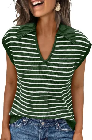 LILLUSORY Women's V Neck Cap Sleeve Sweater Vest Sleeveless Collared Striped Knit Tank Tops 2025 Casual Trendy Outfits