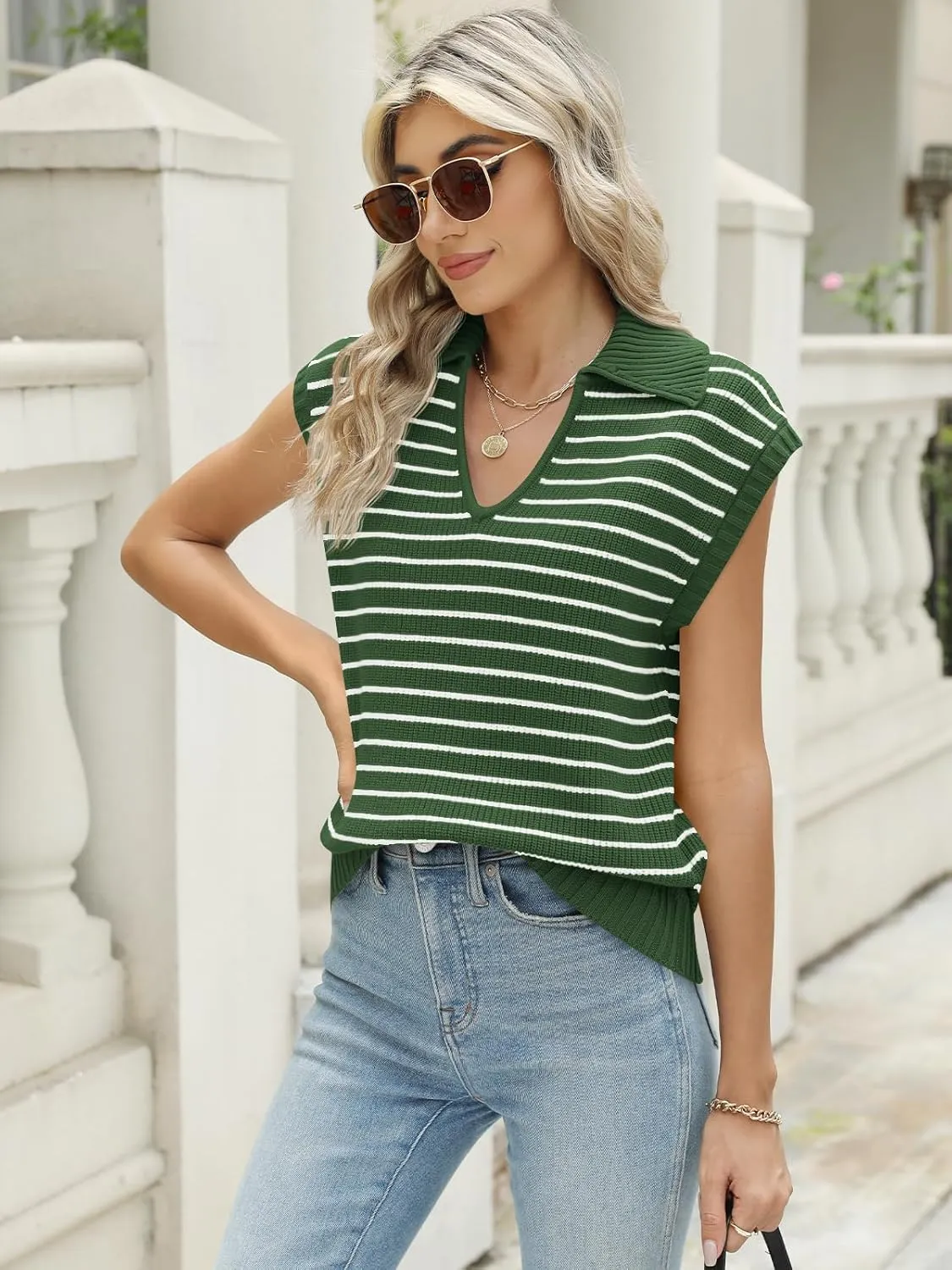 LILLUSORY Women's V Neck Cap Sleeve Sweater Vest Sleeveless Collared Striped Knit Tank Tops 2025 Casual Trendy Outfits