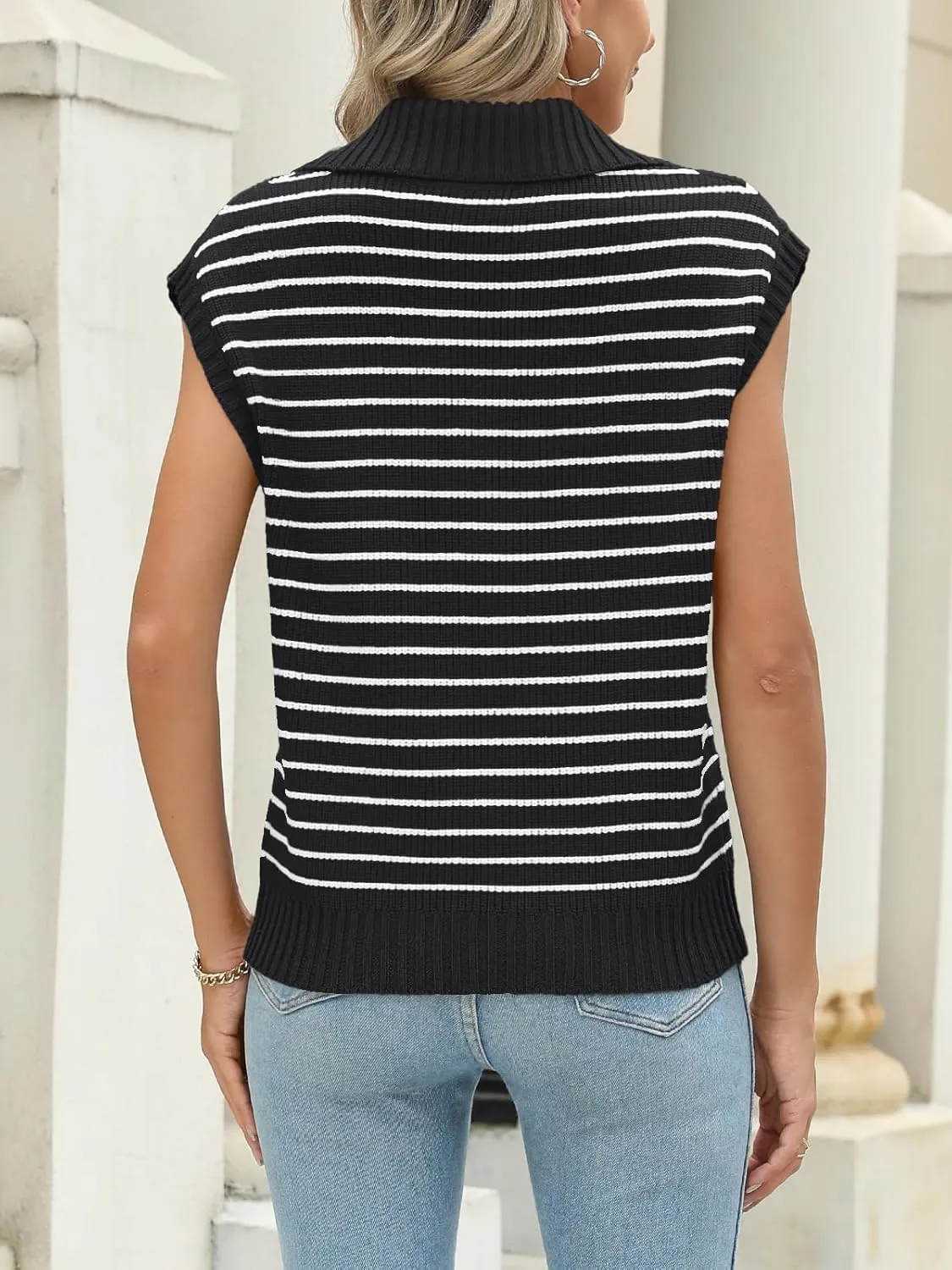 LILLUSORY Women's V Neck Cap Sleeve Sweater Vest Sleeveless Collared Striped Knit Tank Tops 2025 Casual Trendy Outfits