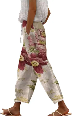 Linen Capris for Women, Cotton Capris for Women Casual Summer, Lightweight Capri High Waisted Trousers Casual Loose Summer Lounge Long Trousers Pantalon Lino Mujer Hot Pink Large