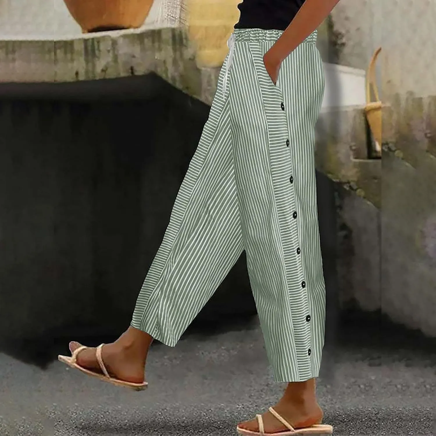 Linen Crop Pants for Women Elastic Waistband High Waistband Pocket Pants Side Nine Point Loose Casual