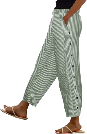Linen Crop Pants for Women Elastic Waistband High Waistband Pocket Pants Side Nine Point Loose Casual
