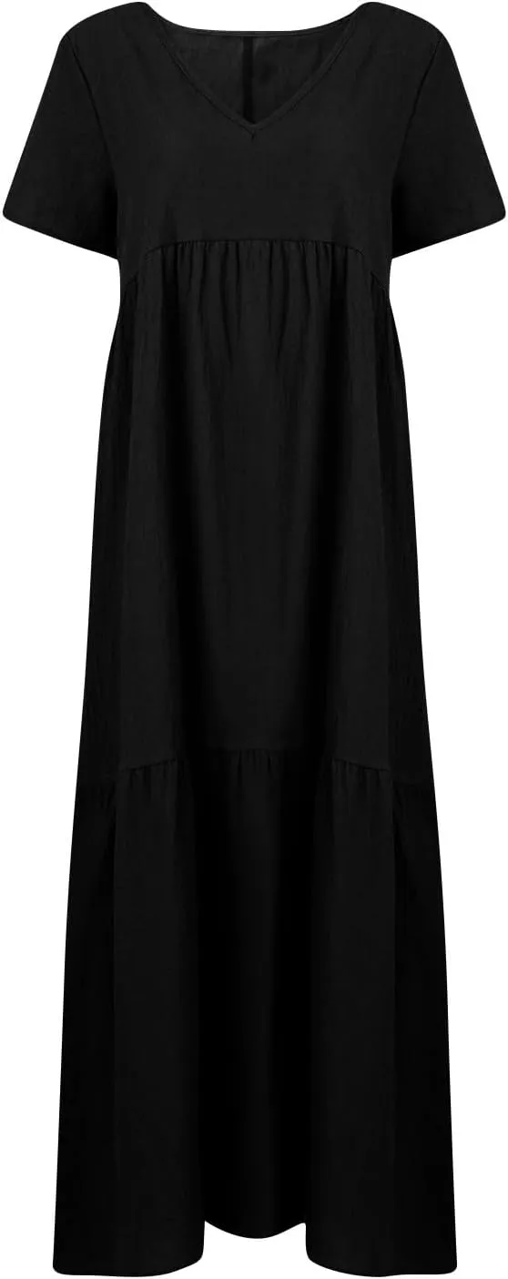 Linen Dress Women Summer Short Sleeve V Neck Plus Size Maxi Dresses Casual Flowy Loose Long Vacation Beach Sundress