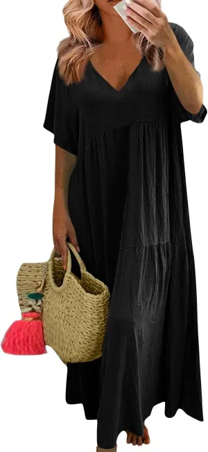 Linen Dress Women Summer Short Sleeve V Neck Plus Size Maxi Dresses Casual Flowy Loose Long Vacation Beach Sundress