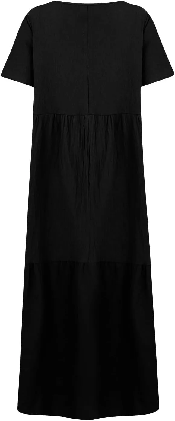 Linen Dress Women Summer Short Sleeve V Neck Plus Size Maxi Dresses Casual Flowy Loose Long Vacation Beach Sundress