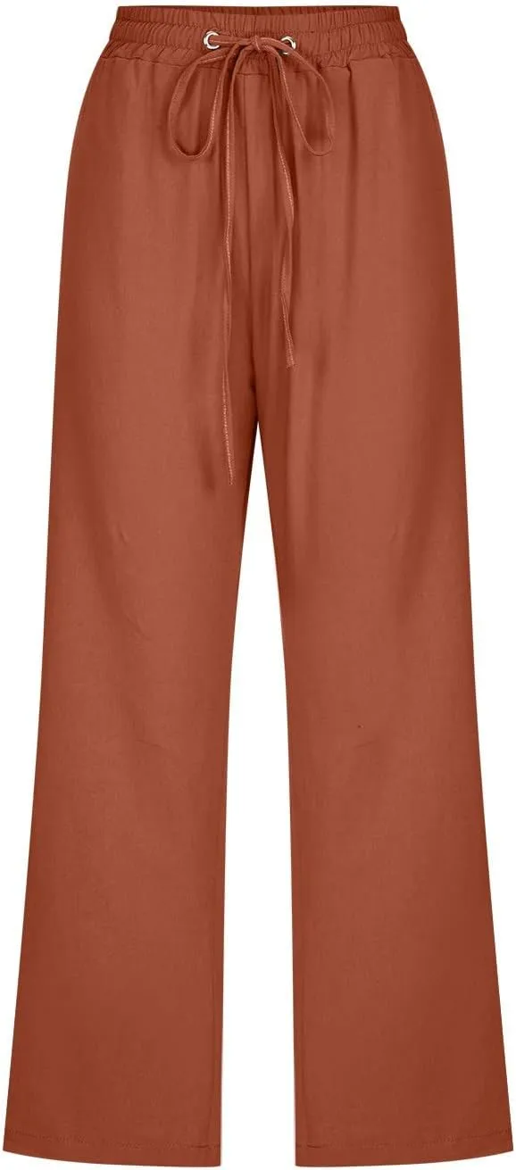 Linen Joggers for Women Capri Pants Cotton Wide Leg High Waisted Dressy Trousers Casual Summer Lounge Trousers