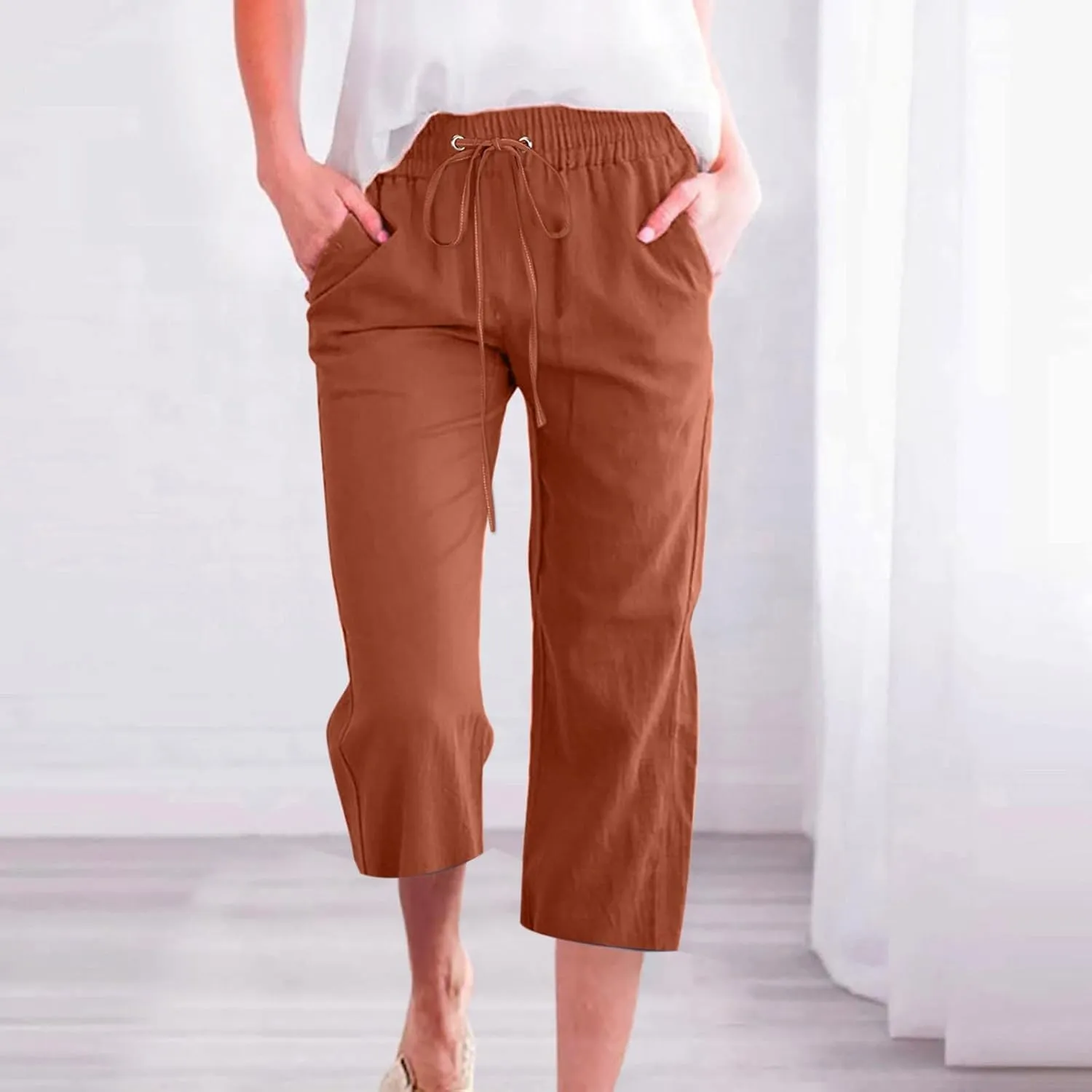 Linen Joggers for Women Capri Pants Cotton Wide Leg High Waisted Dressy Trousers Casual Summer Lounge Trousers