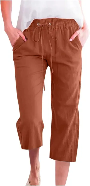 Linen Joggers for Women Capri Pants Cotton Wide Leg High Waisted Dressy Trousers Casual Summer Lounge Trousers