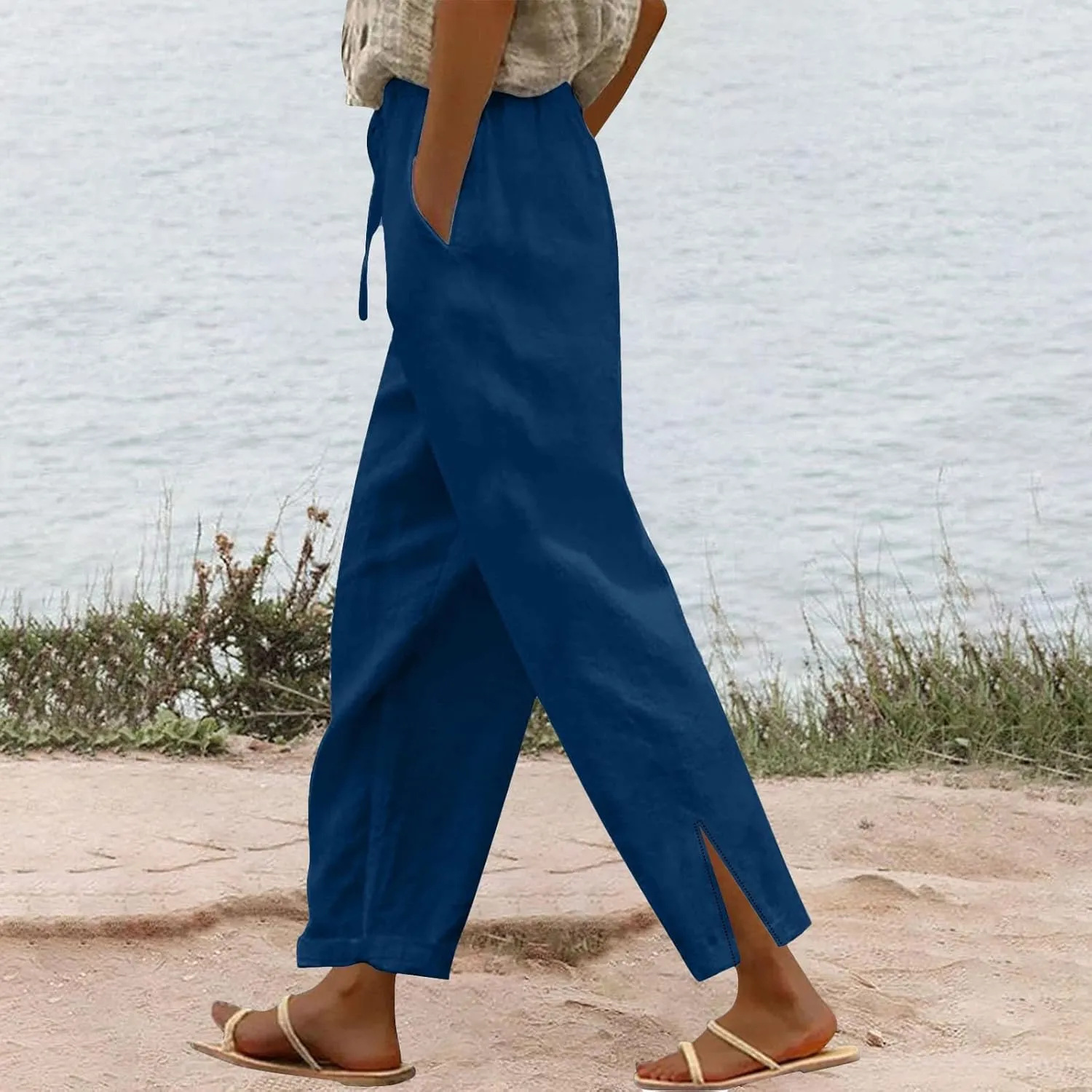 Linen Palazzo Pants for Women Cropped Pants Cotton High Waisted Straight Leg Trousers Loose Summer Lounge Trousers