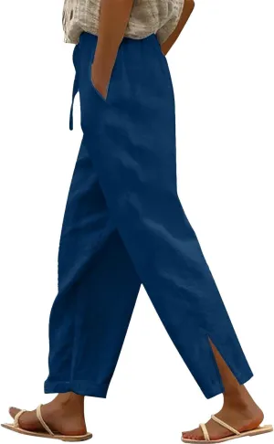 Linen Palazzo Pants for Women Cropped Pants Cotton High Waisted Straight Leg Trousers Loose Summer Lounge Trousers