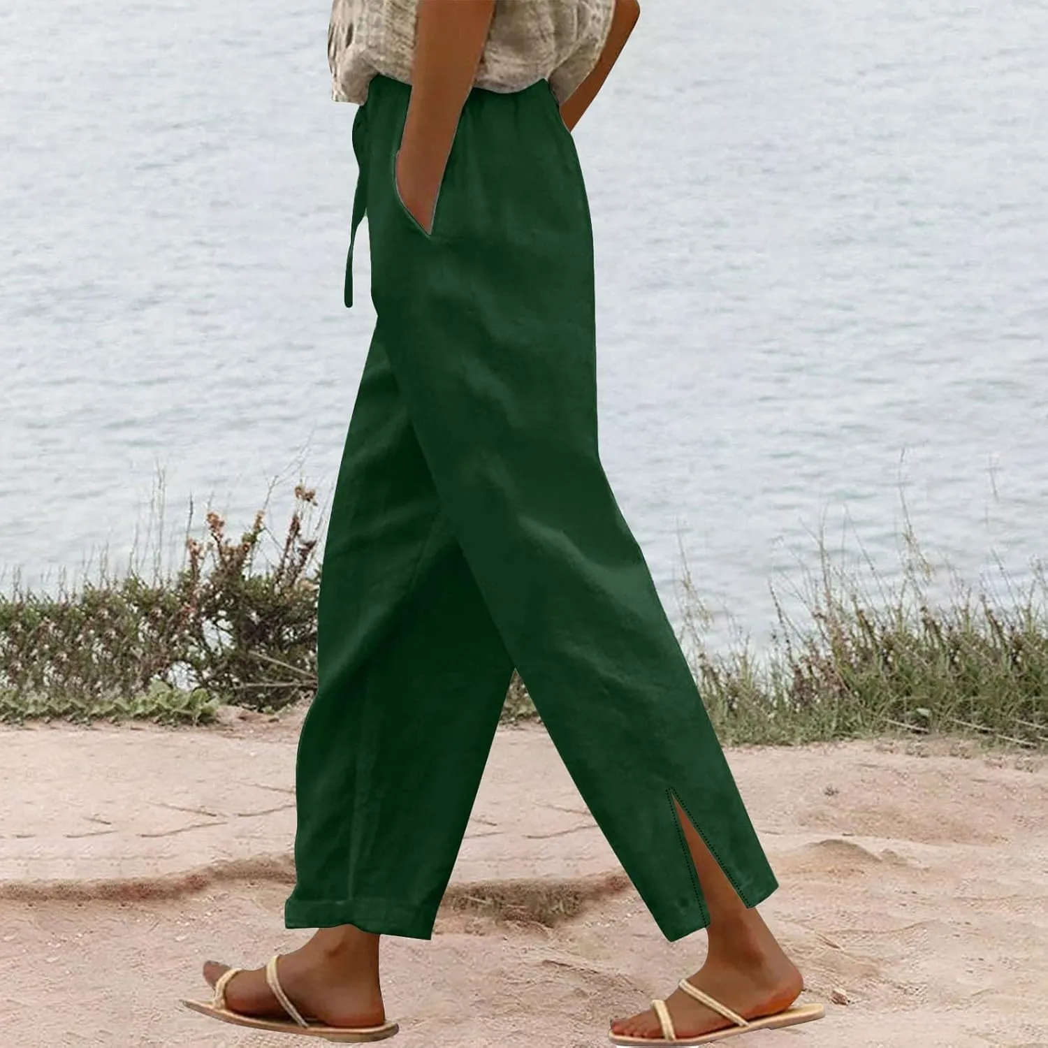 Linen Palazzo Pants for Women Cropped Pants Cotton High Waisted Straight Leg Trousers Loose Summer Lounge Trousers
